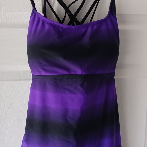 Women's Swim Tankini Set Black Purple Padded Boy Shorts Tummy Control SZ L NWOT - Picture 1 of 7